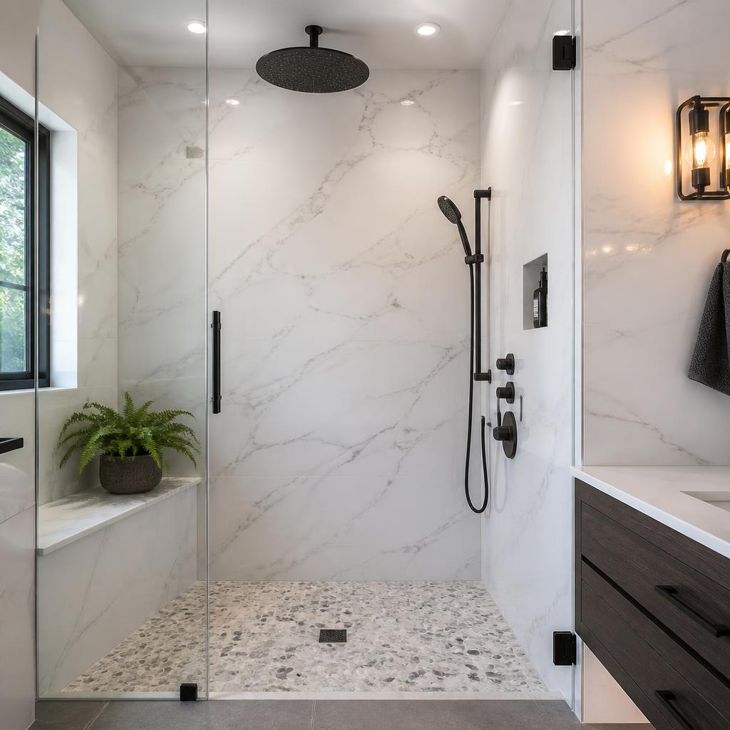 Modern shower with quartz stone inlay floor