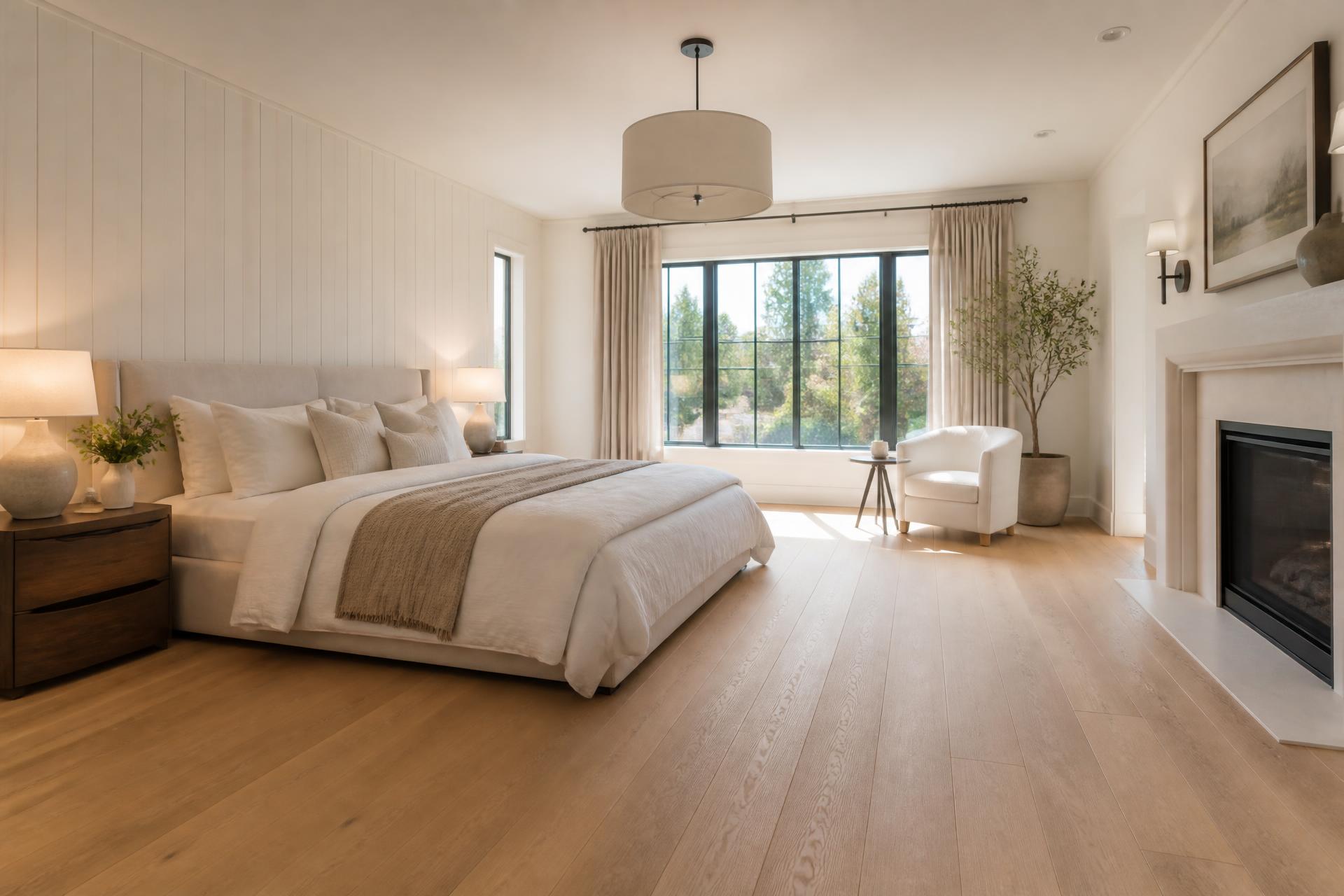Bedroom with warm wide-plank engineered wood flooring