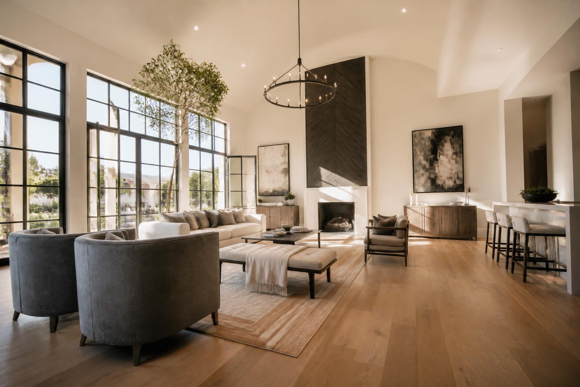 Luxury living room with wide-plank oak hardwood flooring